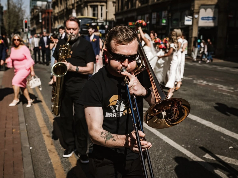 Brass Monkees roaming band Shropshire performing outdoors