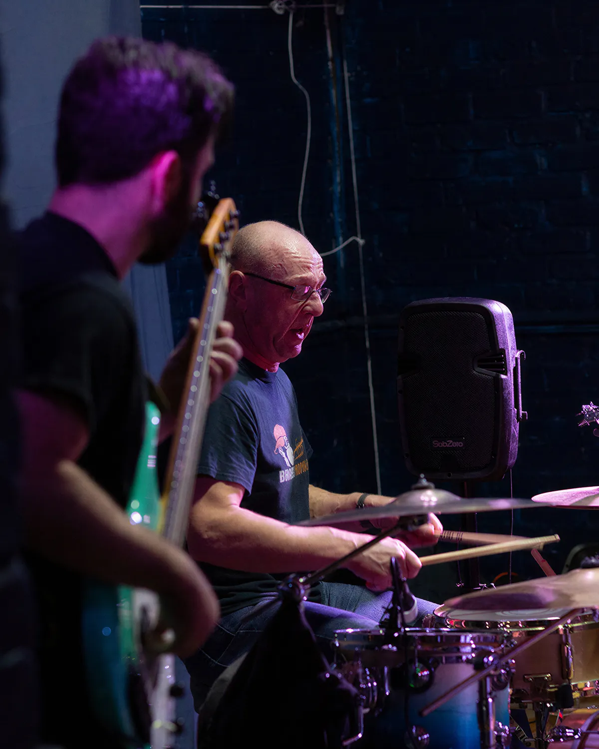 Brass Monkees drummer on stage