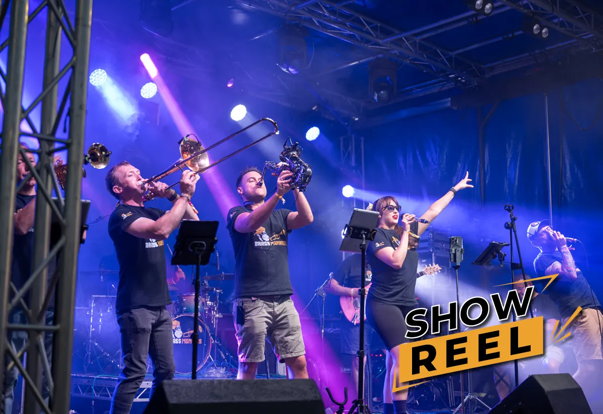 Brass Monkees 9-piece band on stage – watch the showreel