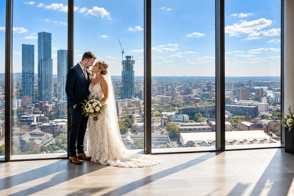 Bride and groom by floor-to-ceiling windows overlooking the Manchester skyline, the rooftop view of 20 Stories