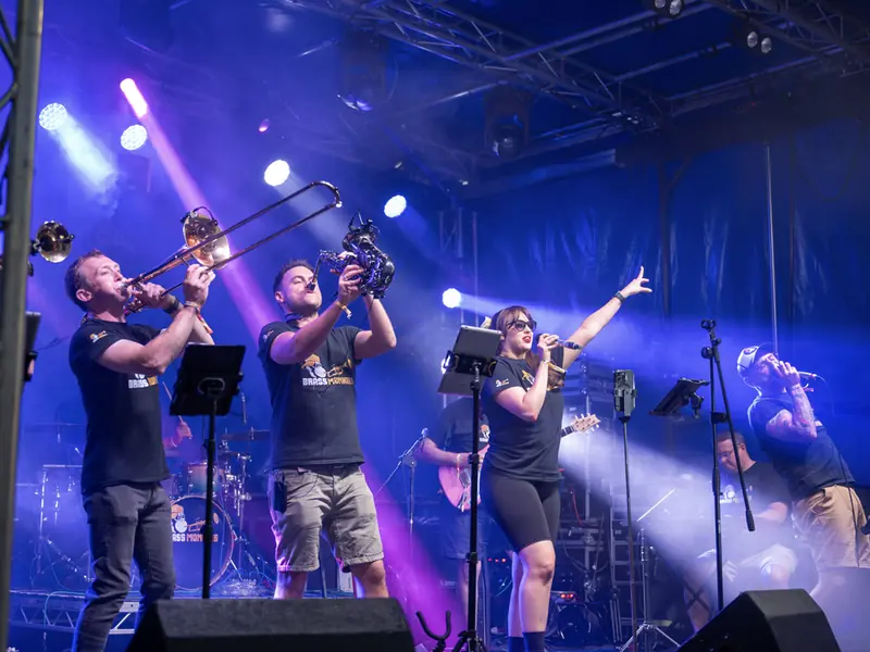 Brass Monkees 9-piece band performing live on stage