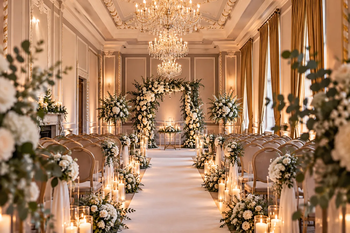 Wedding ceremony room with crystal chandeliers and candlelit aisle, the grand style of Manchester Hall