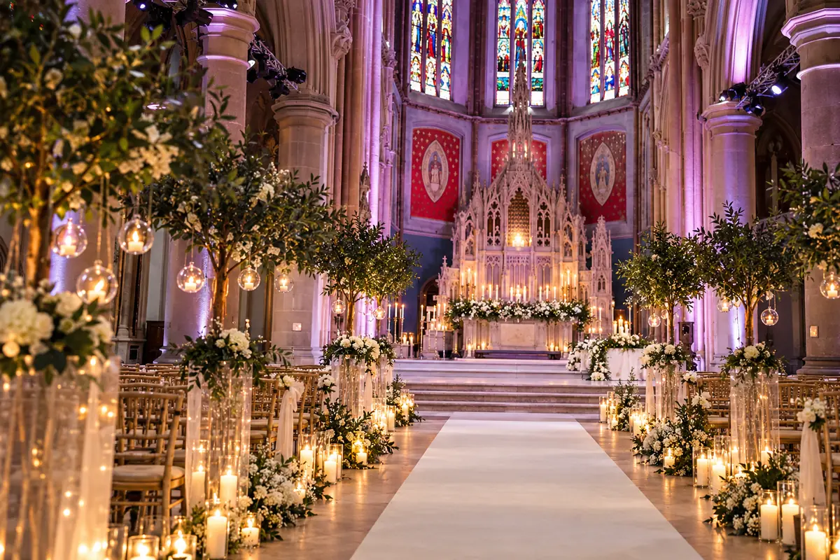 Candlelit wedding ceremony aisle in a Gothic church nave with stained glass, the setting of The Monastery in Gorton