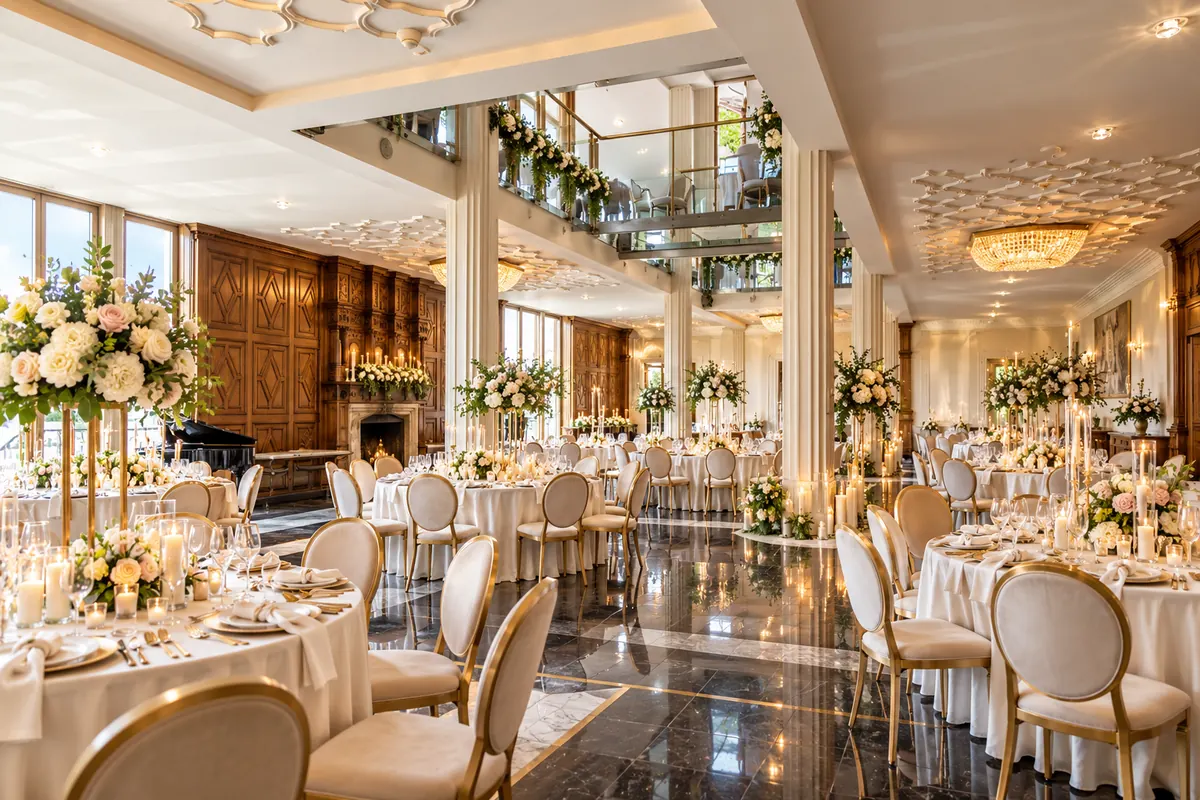 Ballroom set for a wedding breakfast with a balcony, fireplace and chandeliers, the style of The Saddleworth Hotel