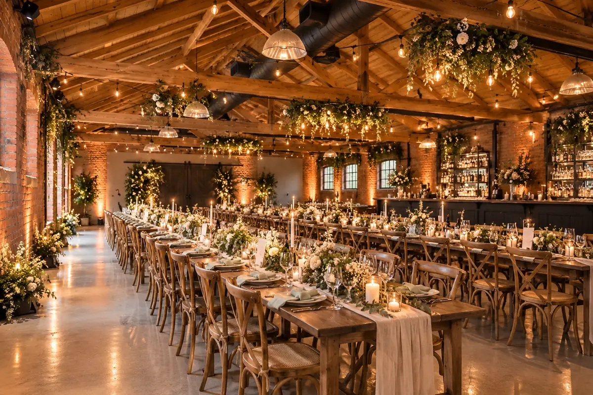 Wedding breakfast on long rustic tables under timber beams and exposed brick, the industrial-chic style of The Stables