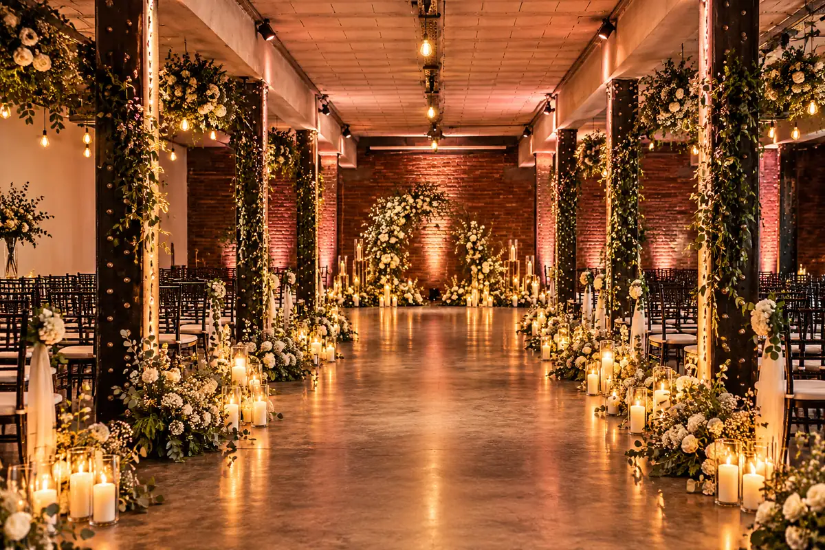 Candlelit wedding ceremony aisle in an industrial warehouse with exposed brick and iron pillars, the style of Victoria Warehouse