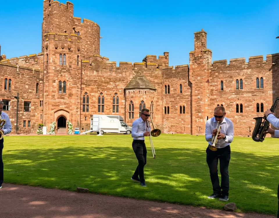 Brass Monkees roaming brass band playing at Peckforton Castle in Cheshire
