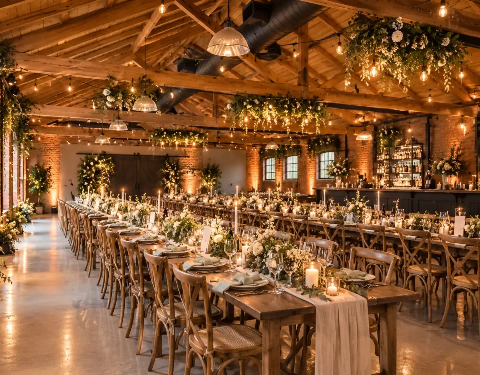 Candlelit wedding breakfast in an industrial-chic brick and timber venue in Manchester